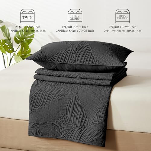 OARAGE Queen Quilt Bedding Set Black Leaf Pattern Microfiber Bedspread