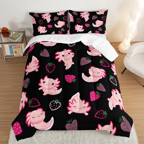 Cute Axolotl Comforter Set Twin Size Pink Strawberry Print