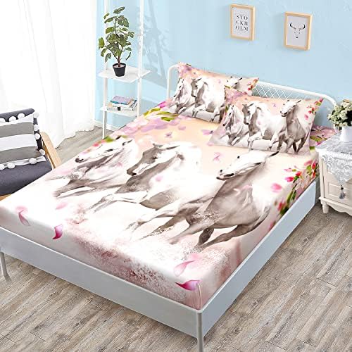 HOSIMA Pink Floral Horse Fitted Sheet Set Twin Size