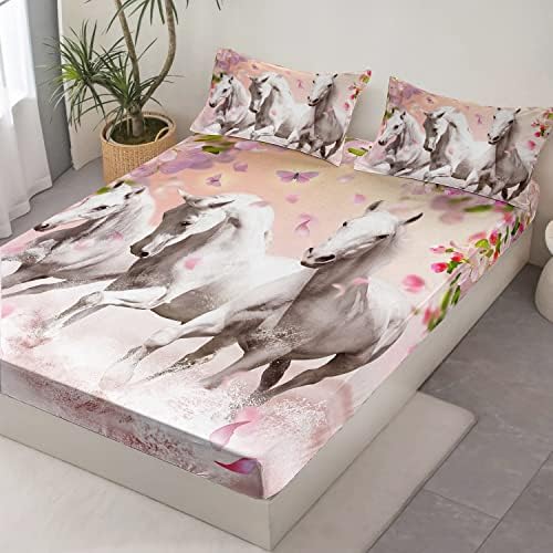 HOSIMA Pink Floral Horse Fitted Sheet Set Twin Size