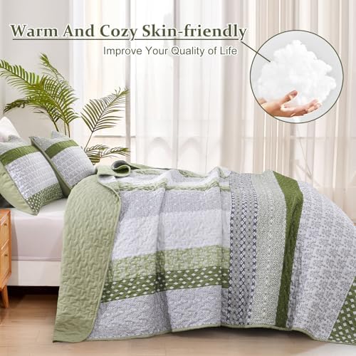 WONGS BEDDING Olive Green Boho Quilt Set Queen Size 3 Pieces