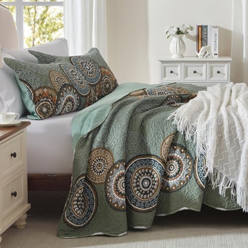 LEAONME Olive Green Queen Quilt Set 3-Piece