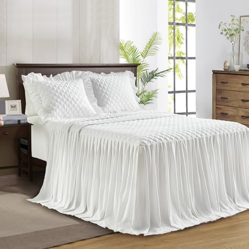 UOZZI BEDDING Ruffle Skirt Bedspread Set - King Size White