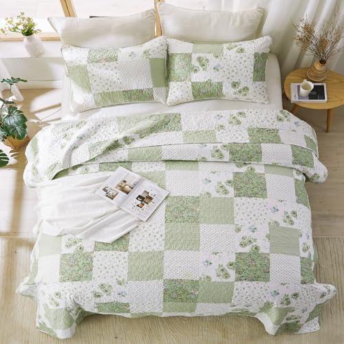 VIVILINEN Full Queen Green Floral Plaid Quilt Set