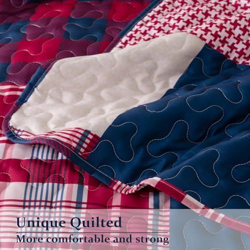 DURLENGEN Red Navy Patchwork Quilt Set 3Pcs