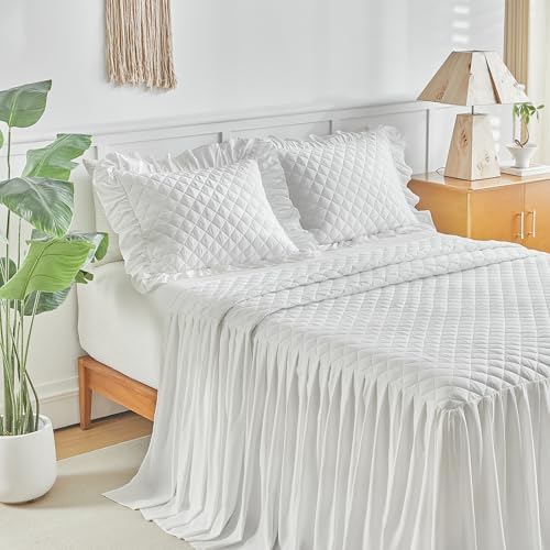UOZZI BEDDING Ruffle Skirt Bedspread Set - King Size White