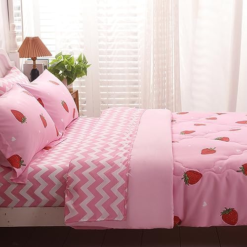 Gusuhome Strawberry Comforter Set Full Size for Girls