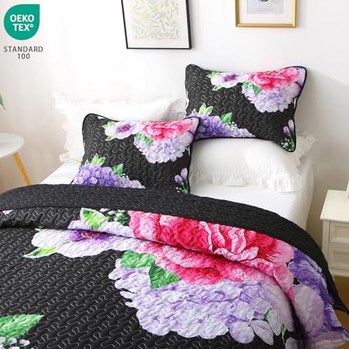 Heymybed Black Floral Quilt Set King Size 3 Pieces