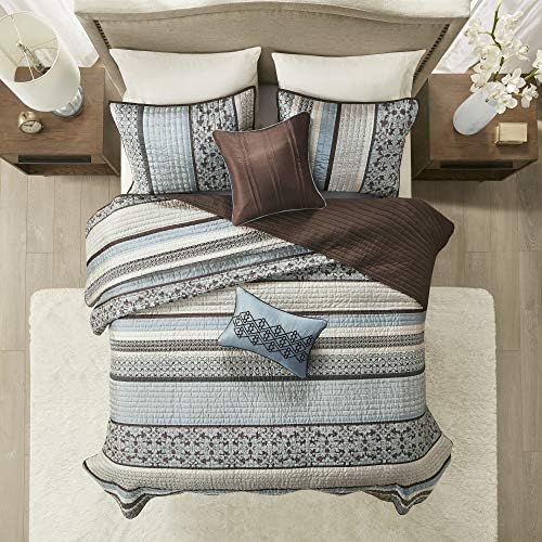 Madison Park Quilt Set with Jacquard Stripes - 5 Piece Floral Blue