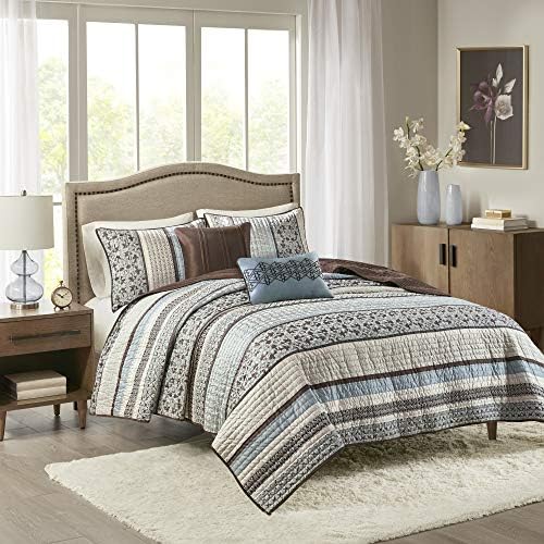Madison Park Quilt Set with Jacquard Stripes - 5 Piece Floral Blue