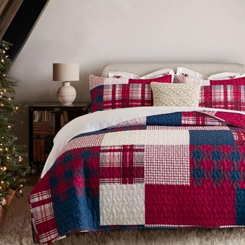 DURLENGEN Red Navy Patchwork Quilt Set 3Pcs