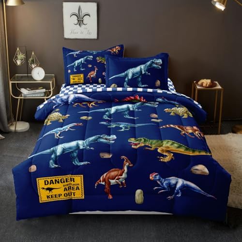 Leaflin Kid Twin Comforter Set - Dinosaur Themed Blue Bedding