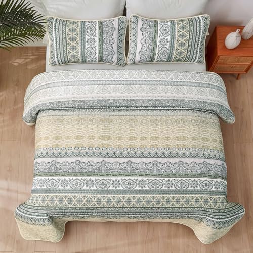 WONGS BEDDING Boho Quilt Set Queen Size Beige 3 Pieces