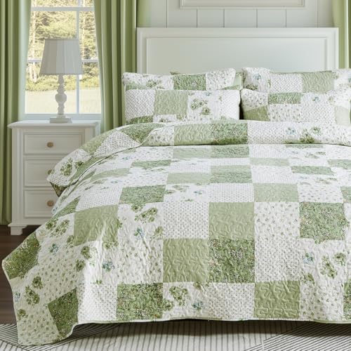 VIVILINEN Full Queen Green Floral Plaid Quilt Set