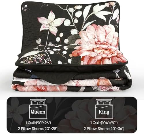 Drucon Black Quilt Queen Set - 3 Piece Pink Floral Bedding