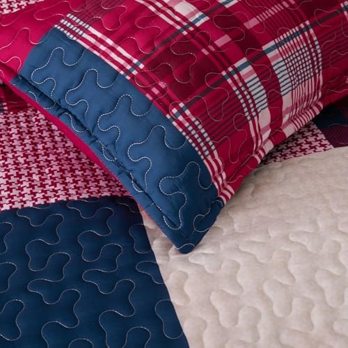 DURLENGEN Red Navy Patchwork Quilt Set 3Pcs