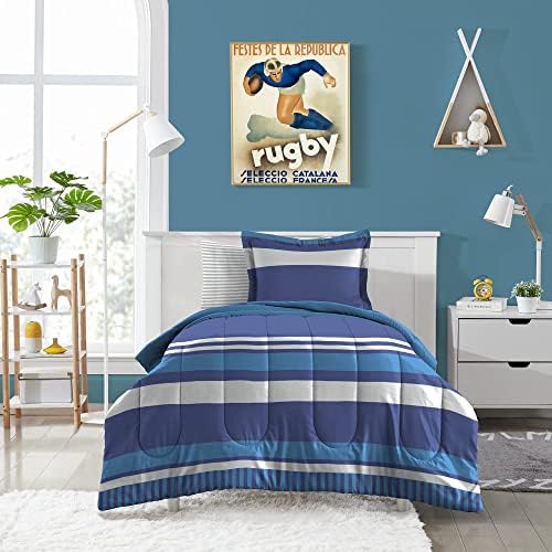 Dream Factory Kids 5-Piece Comforter Set Twin Blue Rugby Stripe