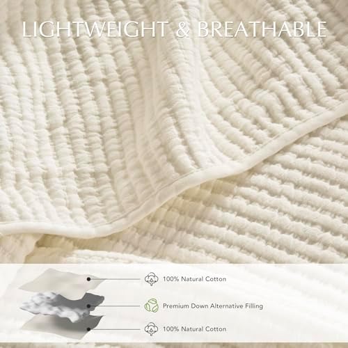 EvergraceHome Cotton Coverlet Set Full Queen 3 Pieces Eggshell Cream