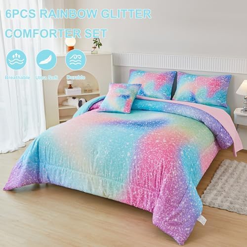 PERFEMET 6-Piece Rainbow Comforter Set for Girls