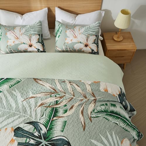 Yogeneg Queen Quilt Bedding Set Sage Green Botanical Pattern 90x96