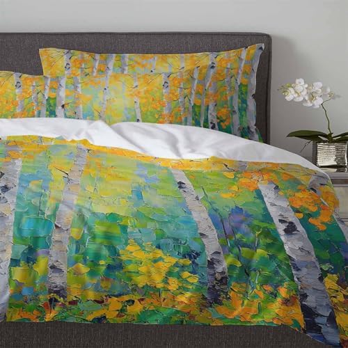 3 Piece Queen Duvet Set with Zipper Yellow Leaves Design
