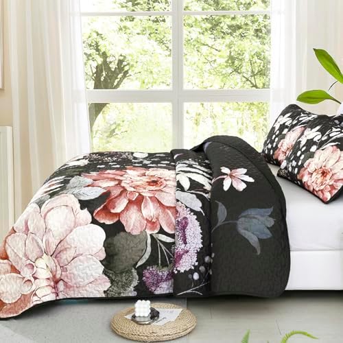 Drucon Black Quilt Queen Set - 3 Piece Pink Floral Bedding