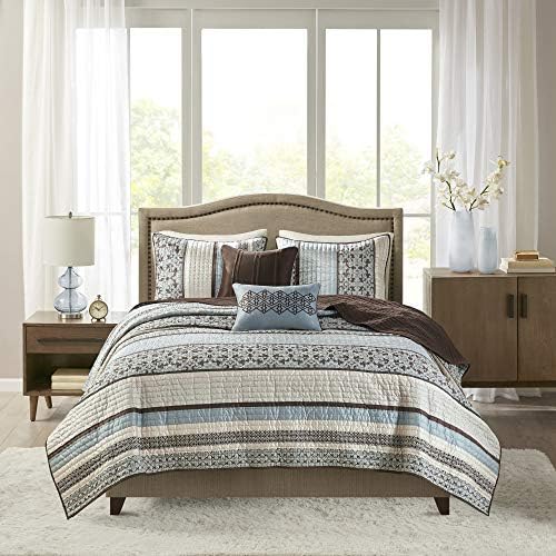 Madison Park Quilt Set with Jacquard Stripes - 5 Piece Floral Blue