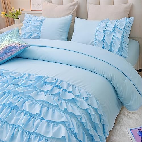 Holawakaka Light Blue Waterfall Ruffle Comforter Set