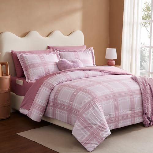 Rose Pink Plaid Comforter Set for Girls 7 Piece 1