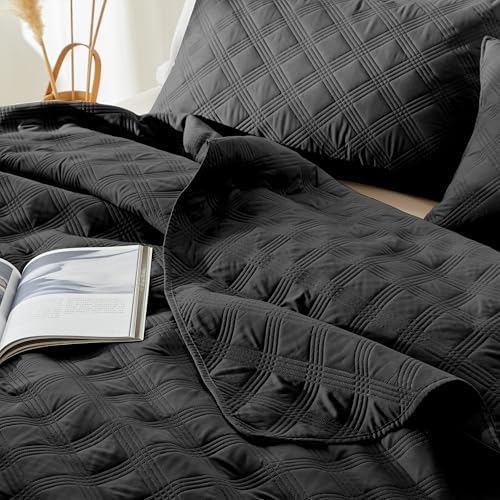 Inron Quilt Set Twin Size Black Microfiber Geometric Pattern Bedding Set