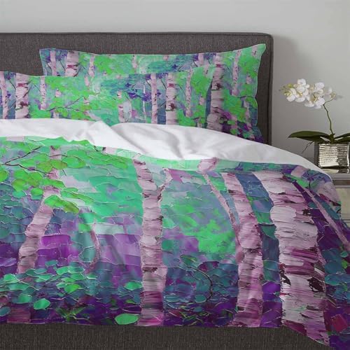 3-Piece Queen Duvet Cover Set with Zipper Soft Purple Green Botanical Print