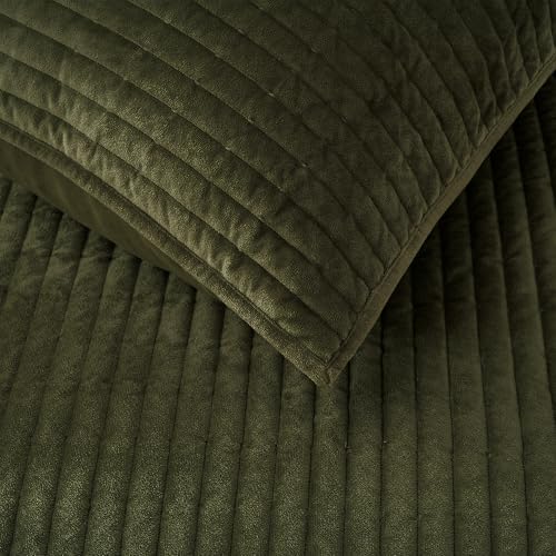 Wonderful Velvet Quilt Set - 94x94 Queen Dark Green Striped Channel Stitch