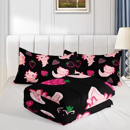 Cute Axolotl Comforter Set Twin Size Pink Strawberry Print