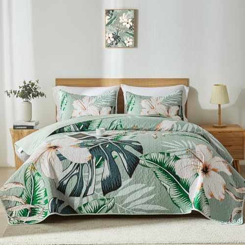 Yogeneg Queen Quilt Bedding Set Sage Green Botanical Pattern 90x96