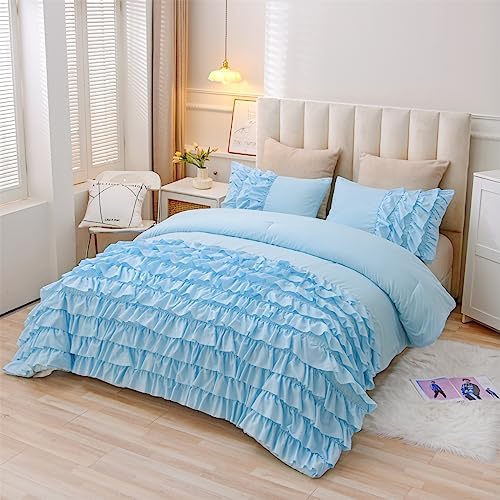 Holawakaka Light Blue Waterfall Ruffle Comforter Set