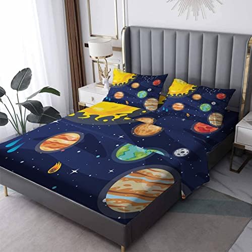 California King Sheets Solar System - Cartoon Planets Bedding Set for Kids