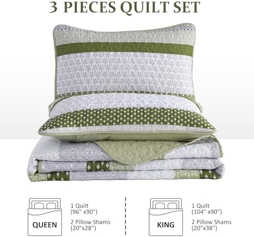 WONGS BEDDING Olive Green Boho Quilt Set Queen Size 3 Pieces