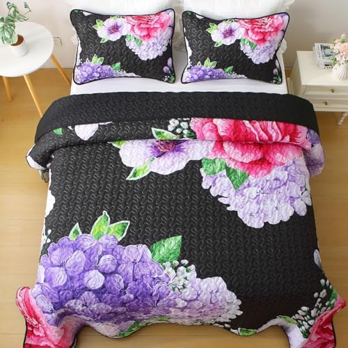 Heymybed Black Floral Quilt Set King Size 3 Pieces