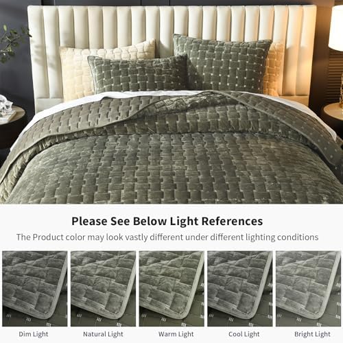 Grassix Velvet Quilt Set King Size Luxe Olive Green