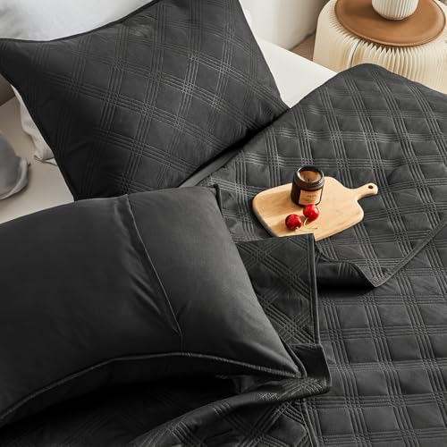 Inron Quilt Set Twin Size Black Microfiber Geometric Pattern Bedding Set