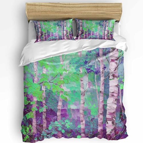 3-Piece Queen Duvet Cover Set with Zipper Soft Purple Green Botanical Print