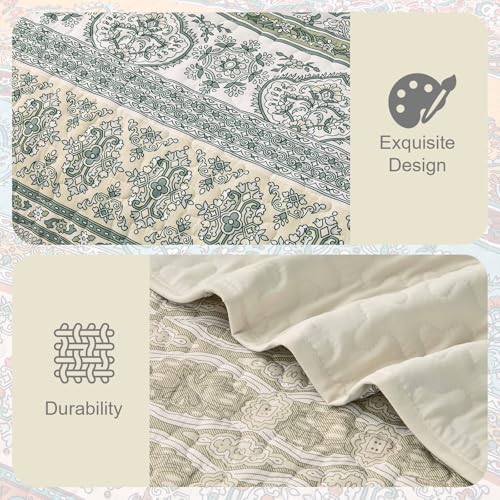 WONGS BEDDING Boho Quilt Set Queen Size Beige 3 Pieces