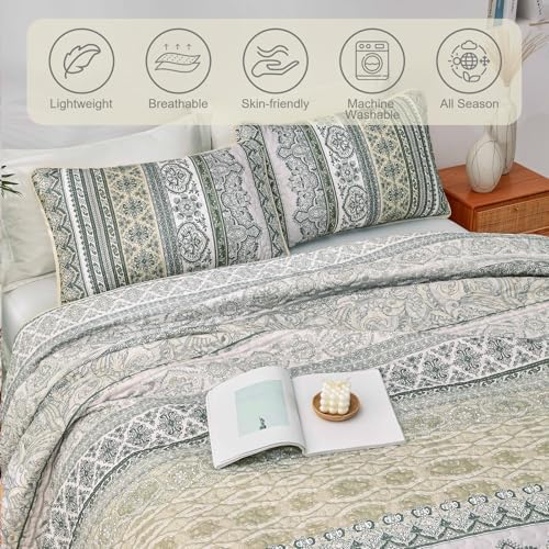 WONGS BEDDING Boho Quilt Set Queen Size Beige 3 Pieces