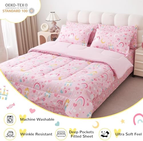 Viviland Girls Twin Comforter Set - Pink Unicorn Princess Rainbow