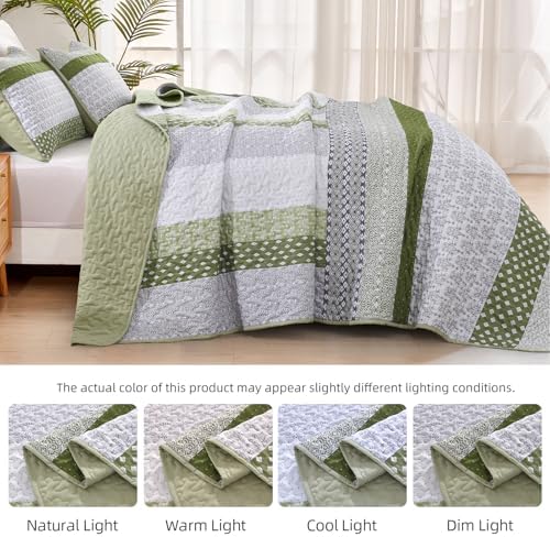 WONGS BEDDING Olive Green Boho Quilt Set Queen Size 3 Pieces