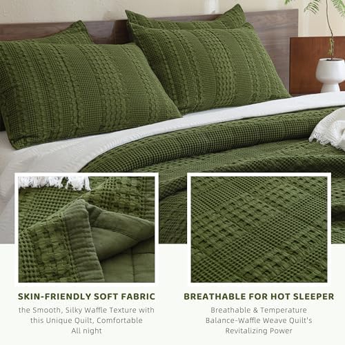 Sanracie Cotton Waffle Quilt Set King Size Olive Green