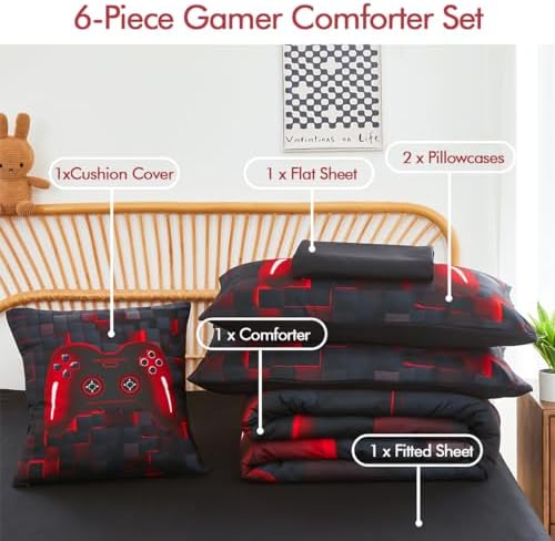 PERFEMET Boys Gaming Bedding Set Twin 6-Piece
