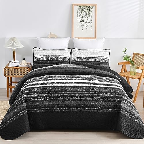 DJY King Size Quilt Set 3 Pieces Black Striped Microfiber