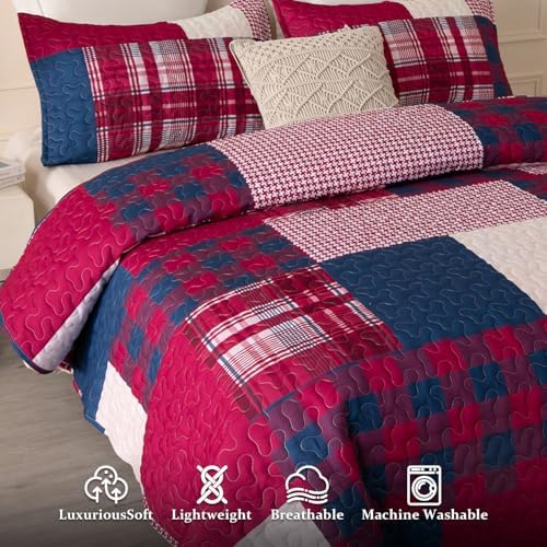 DURLENGEN Red Navy Patchwork Quilt Set 3Pcs