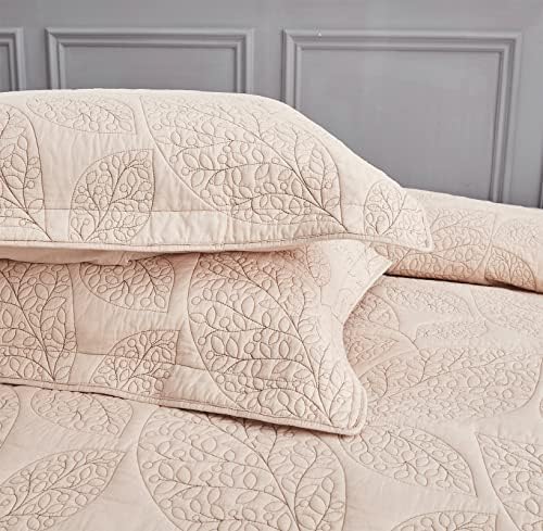 CHIXIN Botanical Cotton Quilt Set - Leaf Pattern Reversible 3 Piece Oatmeal